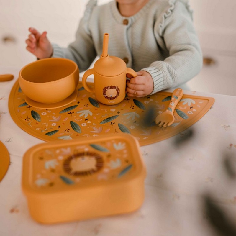 Tovaglietta per bambini in silicone giallo decorata con foglie